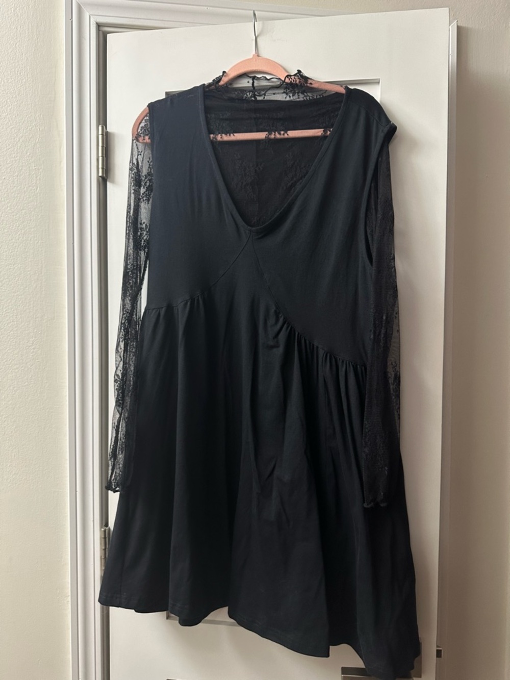 Black V Neck Sundress with Long Sleeve Mesh Top